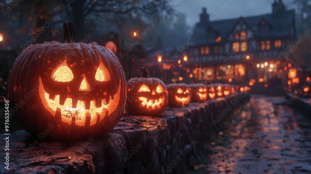 Eerie Glow of Carved Jack-O-Lanterns on Stone Wall at Halloween Night with Candlelight and Spooky Sky Shot with 24mm Lens f/2.8 Eerie Glow of Carved Jack-O-Lanterns on Stone Wall at Halloween Night with Candlelight and Spooky Sky Shot with 24mm Lens f/2.8