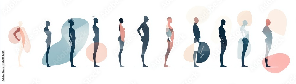 Fototapeta premium A diverse lineup of abstract human silhouettes showcasing various body types and styles against a minimalist background.