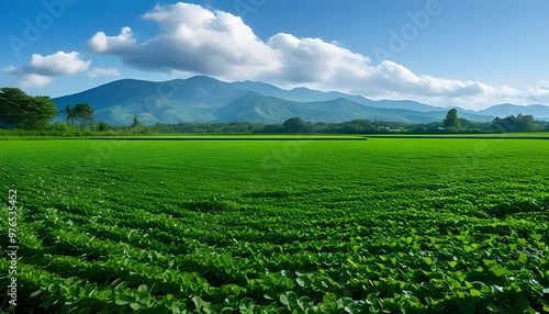 Verdant crop field with young plants framed by majestic mountains and a clear blue sky, symbolizing agricultural abundance and natural beauty