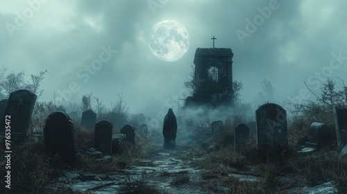 Eerie Haunted Cemetery at Night with Ghostly Figure Under Full Moonlight Creating a Spooky Atmosphere
