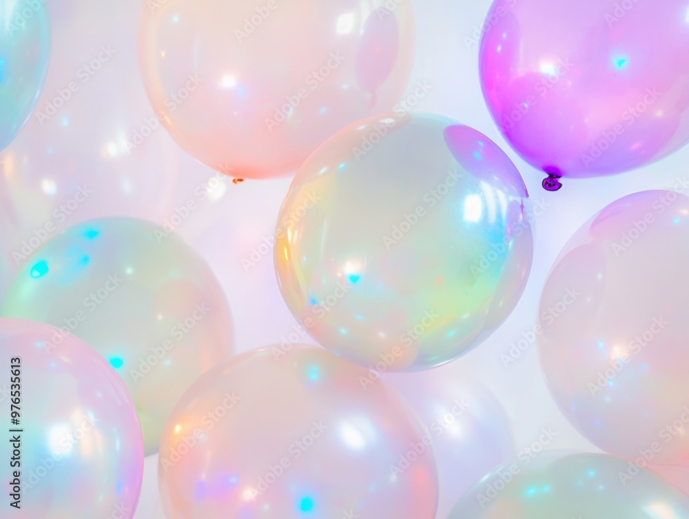 Minimalist Celebration with Iridescent Reflective Balloons on Soft White Background Minimalist Celebration with Iridescent Reflective Balloons on Soft White Background