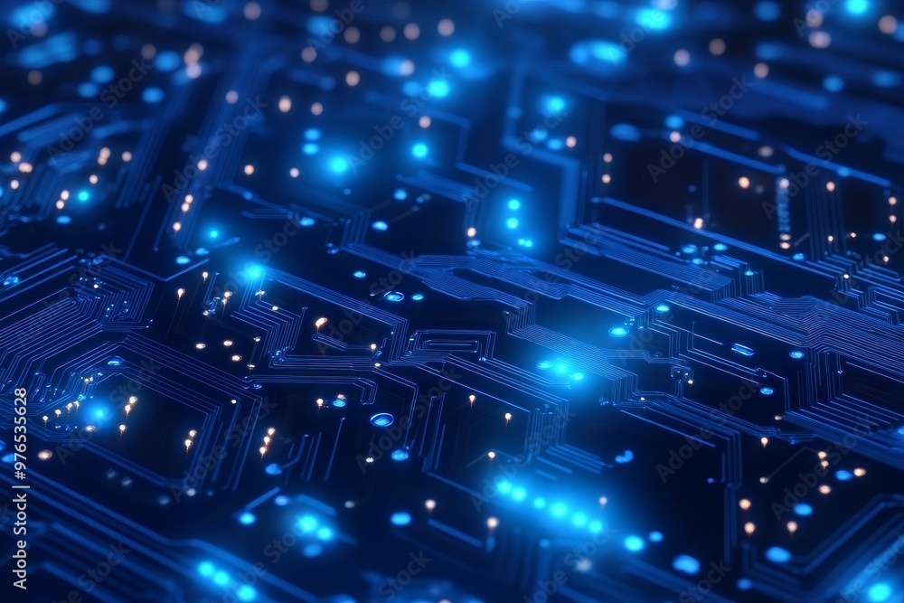Fototapeta premium Abstract blue circuit board background with glowing lights, representing technology, innovation, connection, data, and digital world.