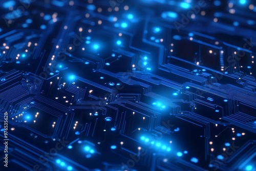 Abstract blue circuit board background with glowing lights, representing technology, innovation, connection, data, and digital world.