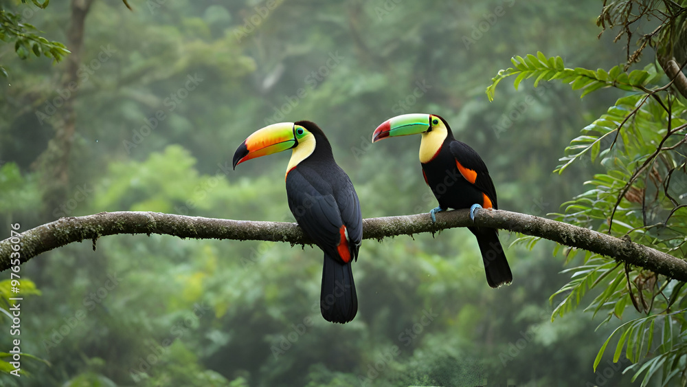 Toucan sitting on the branch in the forest, green vegetation, Costa Rica. Nature travel in central America. Two Keel-billed Toucan, Ramphastos sulfuratus, pair of bird with big bill.forest background, Toucan sitting on the branch in the forest, green vegetation, Costa Rica. Nature travel in central America. Two Keel-billed Toucan, Ramphastos sulfuratus, pair of bird with big bill.forest background,