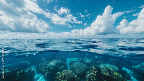 An expansive view of the ocean surface showcasing vibrant coral reefs beneath the clear blue water and a sky filled with fluffy clouds.