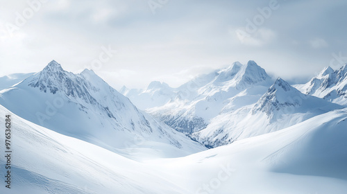 Sweeping view of snow-covered mountains under a cloudy sky, featuring pristine white landscapes and soft diffused light, evoking a sense of tranquility and vastness.