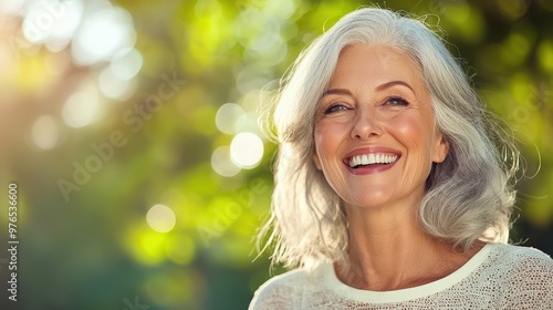 Happy Senior Woman Smiling Outdoors in Nature with Green Bokeh Background