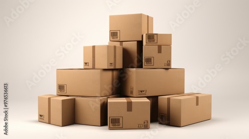 A pile of cardboard boxes, some taped shut, on a plain background.