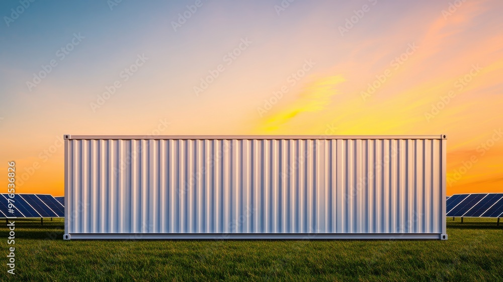 A modern shipping container stands against a vibrant sunset, surrounded by solar panels, symbolizing sustainability and innovation. A modern shipping container stands against a vibrant sunset, surrounded by solar panels, symbolizing sustainability and innovation.