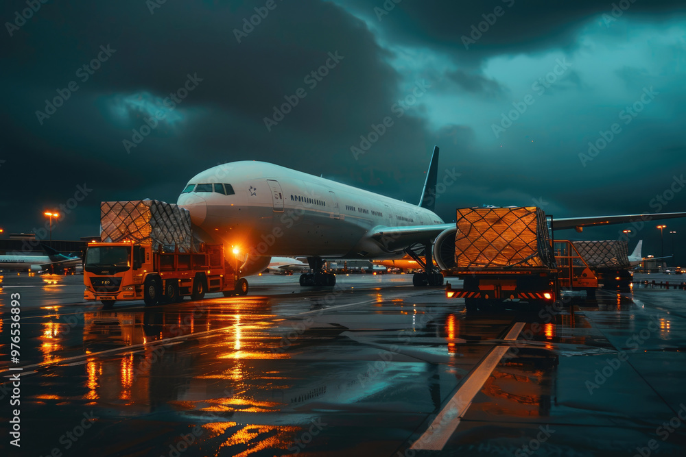 At the airport, cargo planes are loading and unloading goods At the airport, cargo planes are loading and unloading goods