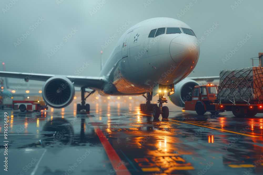 At the airport, cargo planes are loading and unloading goods At the airport, cargo planes are loading and unloading goods
