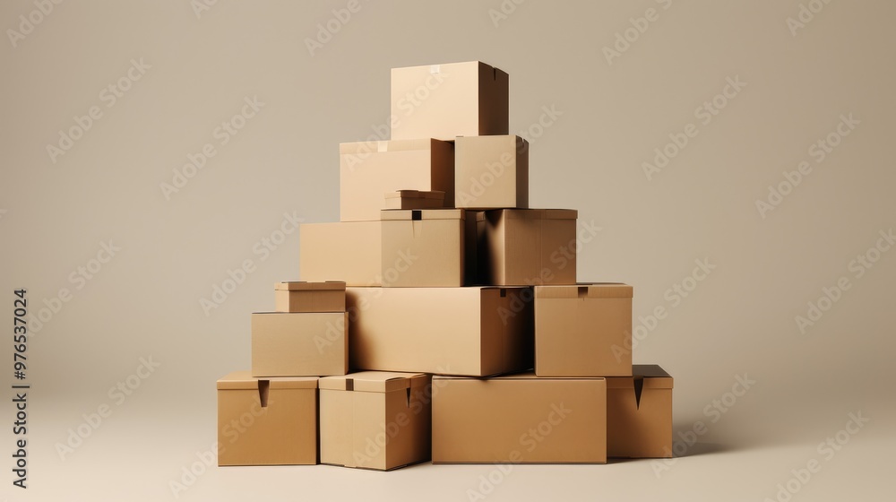 Fototapeta premium Stack of cardboard boxes against a beige background.