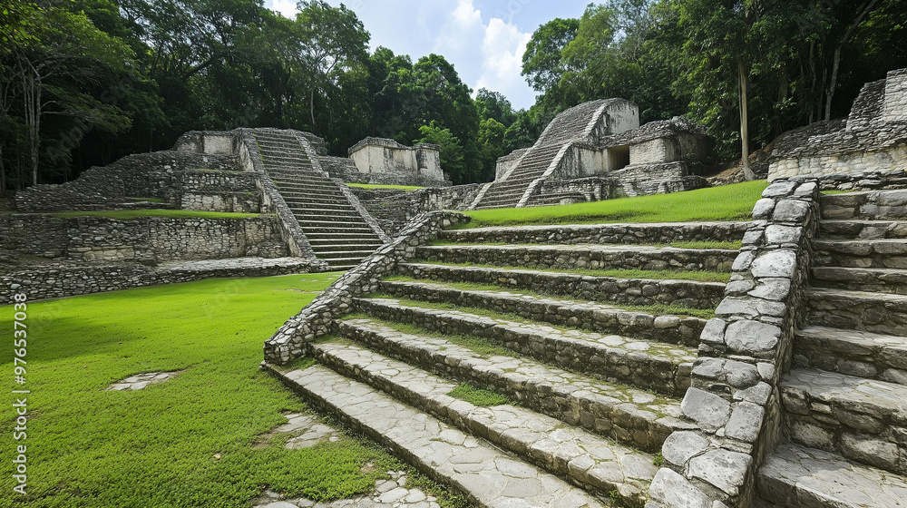 Ancient stone pyramids and steps in an archaeological site surrounded by lush greenery under a blue sky. Ancient stone pyramids and steps in an archaeological site surrounded by lush greenery under a blue sky.