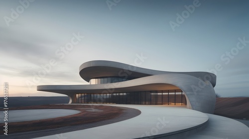 Striking modern architectural design of a curved concrete building rising from an empty desert landscape at sunset