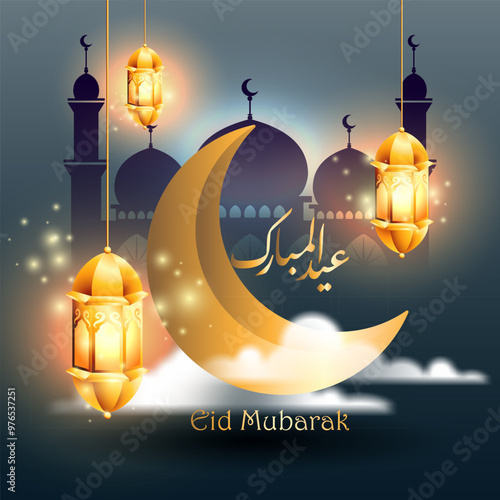 Eid Al-Mubarak Festifal Decoration With Crescent, Mosque Silhouette, Lantern And Islamic Carving Ornament. Suitable for Islamic Greeting Card, Banner, Social Media Template and Others. photo