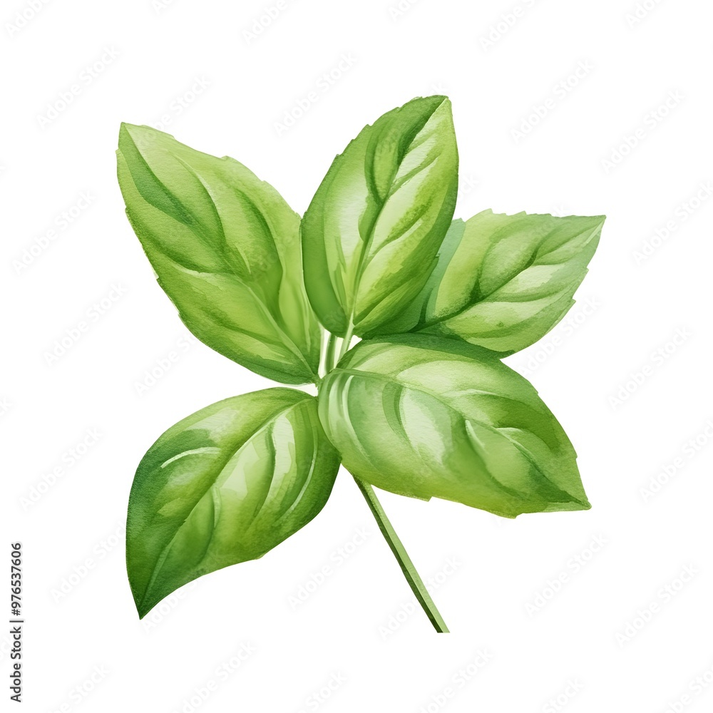Vibrant Watercolor Basil Leaf with Smooth Edges on White Background Vibrant Watercolor Basil Leaf with Smooth Edges on White Background