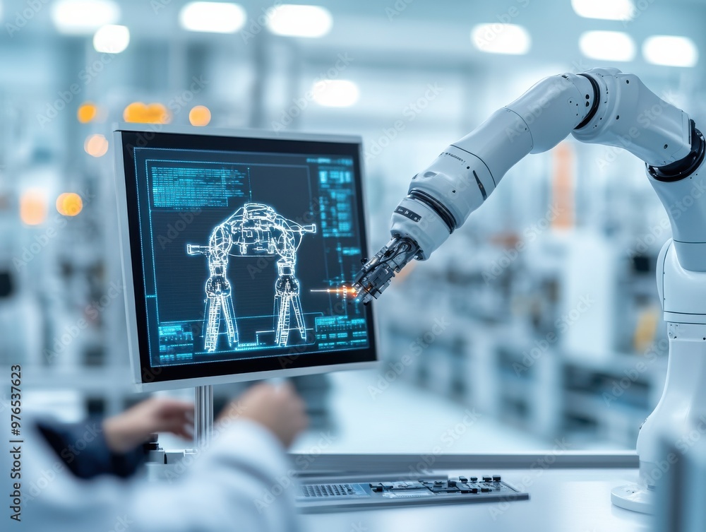 A robotic arm interacts with a computer interface, showcasing advanced automation in modern manufacturing. A robotic arm interacts with a computer interface, showcasing advanced automation in modern manufacturing.