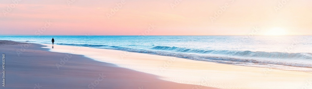 A serene beach scene at sunset, featuring soft waves and a solitary figure enjoying the calming atmosphere.