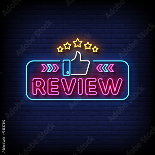 review neon sign vector with brick wall background 
