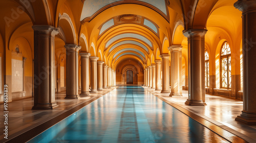 Empty luxurious indoor swimming pool with ornate arches, columns, and vibrant golden hues, capturing a serene and opulent ambiance.