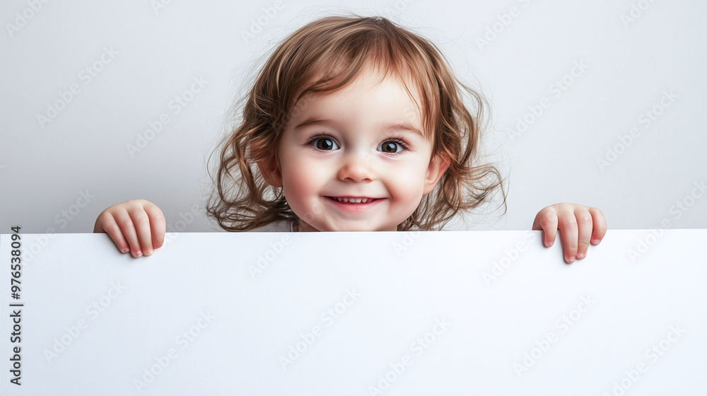 Adorable toddler with curly hair smiling, holding blank white board, perfect for family, child care, and educational content, great for marketing and advertising Adorable toddler with curly hair smiling, holding blank white board, perfect for family, child care, and educational content, great for marketing and advertising