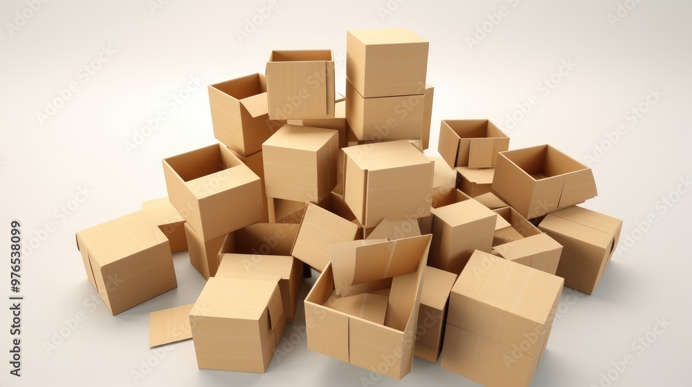 A large pile of cardboard boxes, some open and some closed, against a white background. A large pile of cardboard boxes, some open and some closed, against a white background.