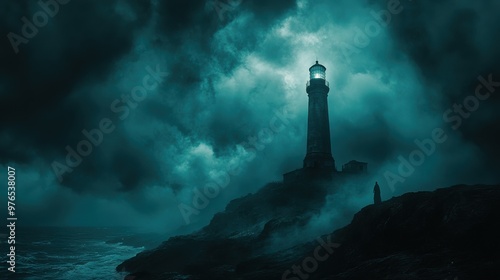 Eerie Haunted Lighthouse with Ghostly Figure at Night