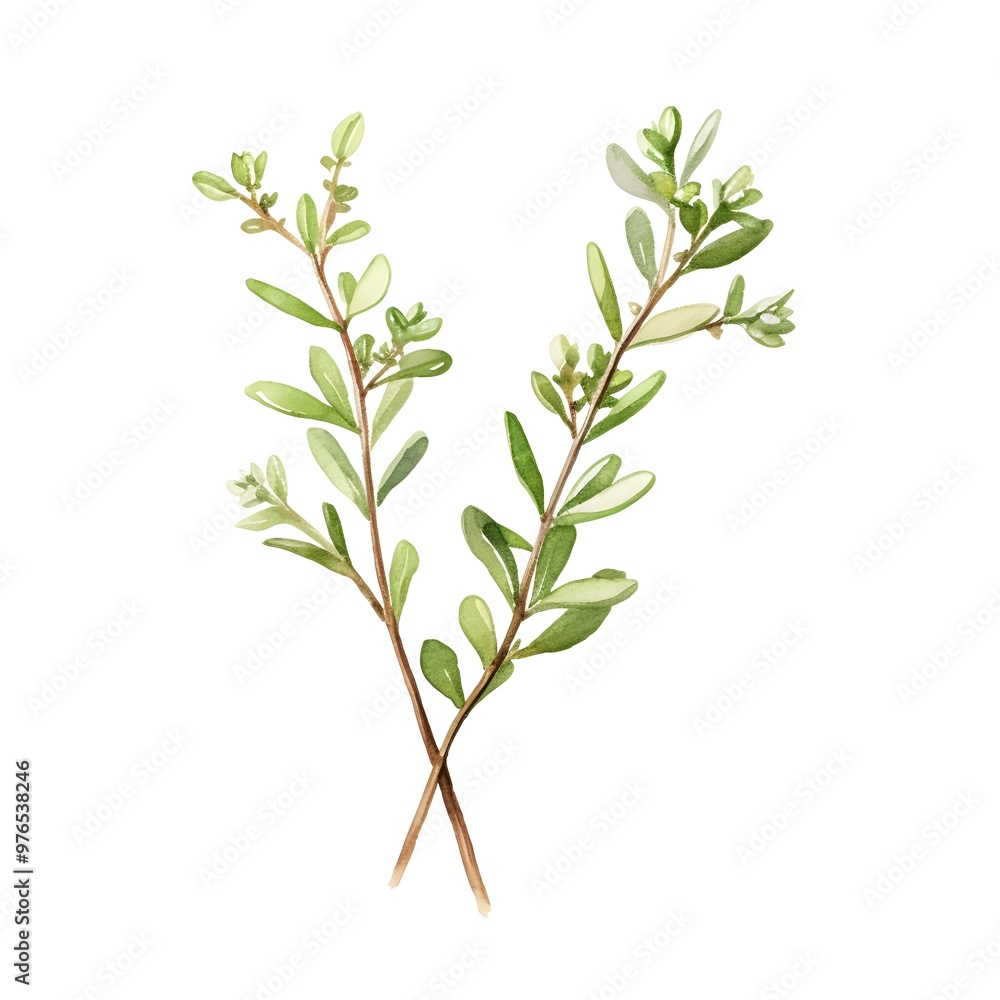 Fototapeta premium Watercolor of a Fragrant Thyme Sprig with Green Leaves and Woody Stems