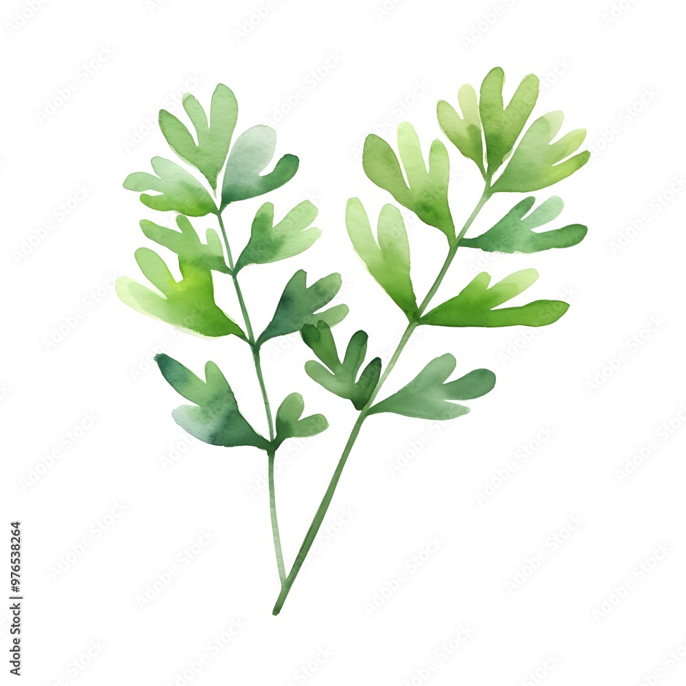 Watercolor of a Rue Sprig with Aromatic Green Leaves on a White Background Watercolor of a Rue Sprig with Aromatic Green Leaves on a White Background