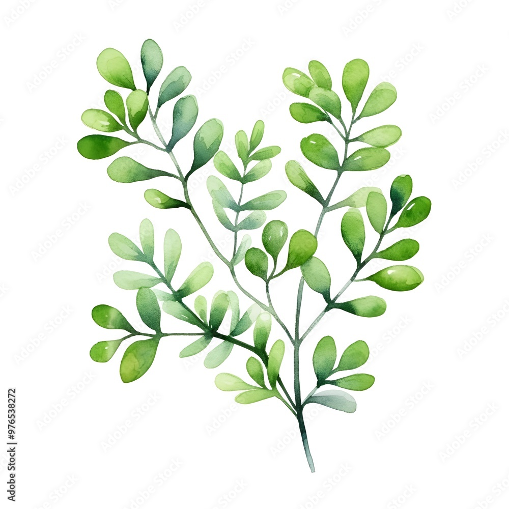 Watercolor of a Rue Sprig with Small Green Aromatic Leaves on White Background Watercolor of a Rue Sprig with Small Green Aromatic Leaves on White Background