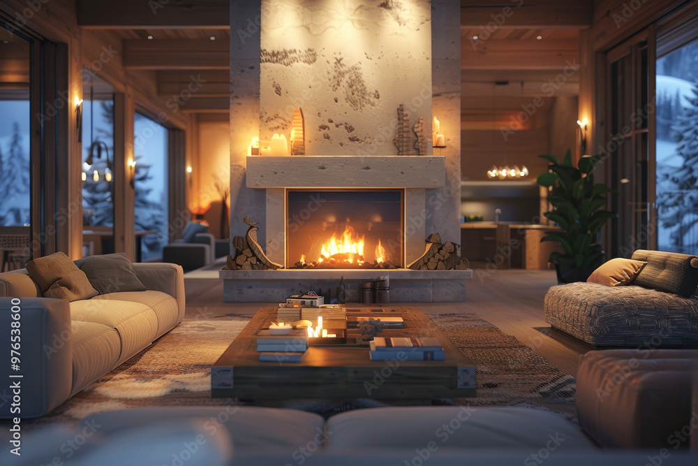 A cozy living space with a fireplace, comfortable seating A cozy living space with a fireplace, comfortable seating