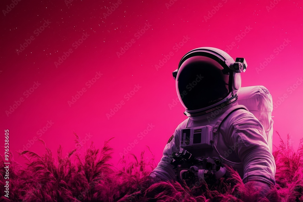 An astronaut stands in a field of tall pink grass under a vibrant pink sky, symbolizing exploration, space travel, futuristic design, and the unknown. An astronaut stands in a field of tall pink grass under a vibrant pink sky, symbolizing exploration, space travel, futuristic design, and the unknown.