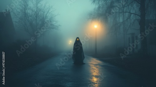Fototapeta Naklejka Na Ścianę i Meble -  Haunting Solitude: Ghostly Figure in Desolate Halloween Town