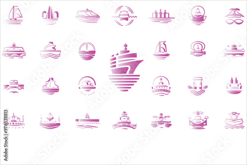 List of different type of ships, and boats icon set. Vector illustration. 