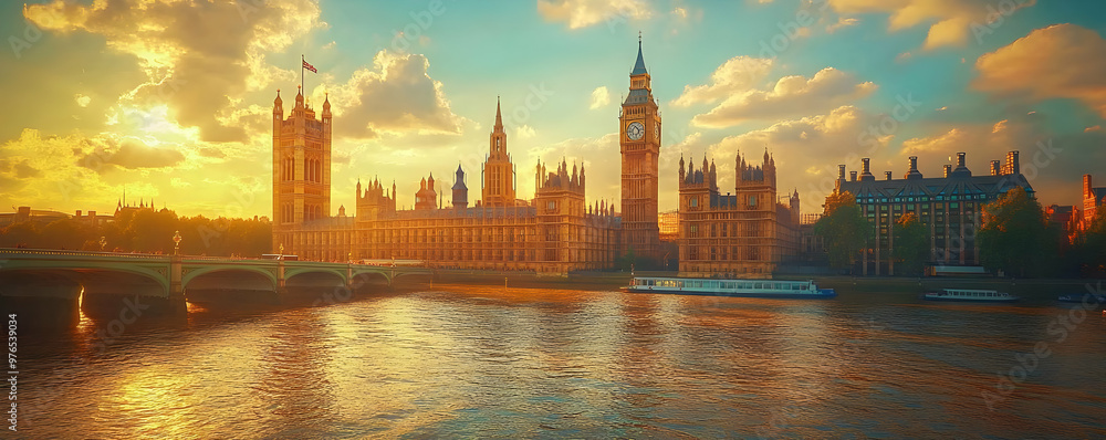 Golden Hour Illustration of the Houses of Parliament and Big Ben, London Golden Hour Illustration of the Houses of Parliament and Big Ben, London