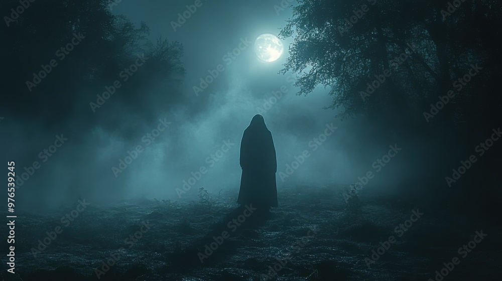 Mysterious Ghostly Figure in Foggy Forest at Night under Moonlight - Haunting and Enigmatic Scene of Eerie Silence Mysterious Ghostly Figure in Foggy Forest at Night under Moonlight - Haunting and Enigmatic Scene of Eerie Silence