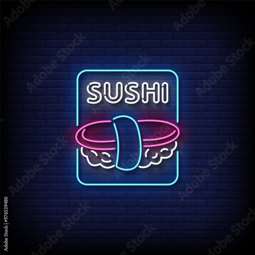 sushi neon sign vector with brick wall background 