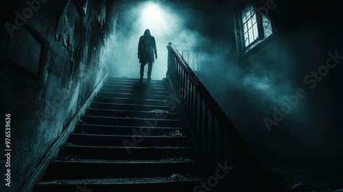 Haunting Presence at Creepy Staircase: Ghostly Figure in Old Haunted House with Moonlight and Eerie Silence