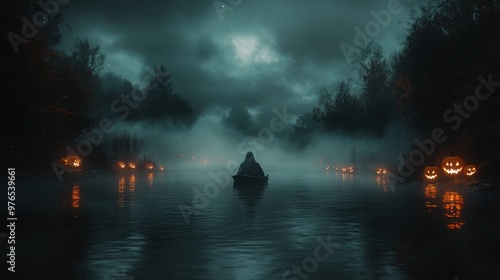 Eerie Ghostly Figure Gliding Along Moonlit River with Jack-o-Lanterns - Mysterious and Unsettling Halloween Scene Captured in Hyperrealism
