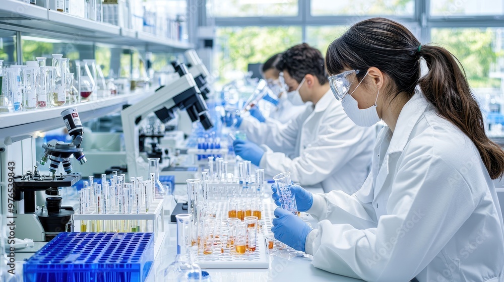 Lab Technicians Working With Test Tubes And Microscopes Lab Technicians Working With Test Tubes And Microscopes