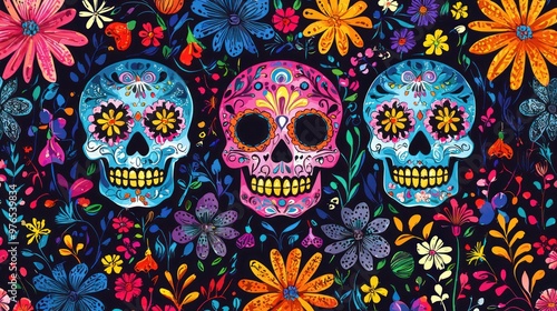 a vibrant DAa de los Muertos pattern featuring intricate sugar skulls and floral designs. photo