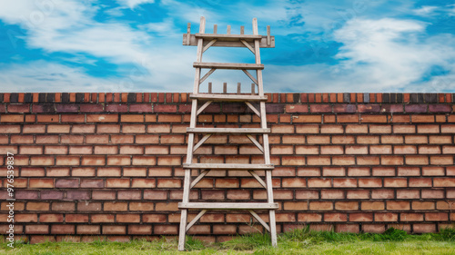 A photo of a wooden ladder leaning against a brick wall. The ladder has a few rungs missing from the top. The background is a blue sky with a few white clouds. The ground is covered with green grass.