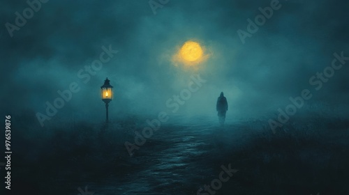 Eerie Encounter: Ghostly Figure Near Lantern on Misty Road under Full Moon