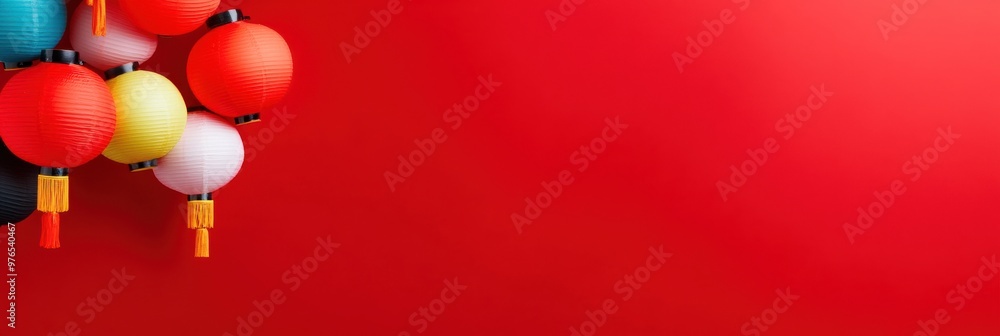 A collection of colorful paper lanterns in red, yellow, and white, framed against a vibrant red background, evoking a festive and celebratory atmosphere rich with cultural significance. A collection of colorful paper lanterns in red, yellow, and white, framed against a vibrant red background, evoking a festive and celebratory atmosphere rich with cultural significance.
