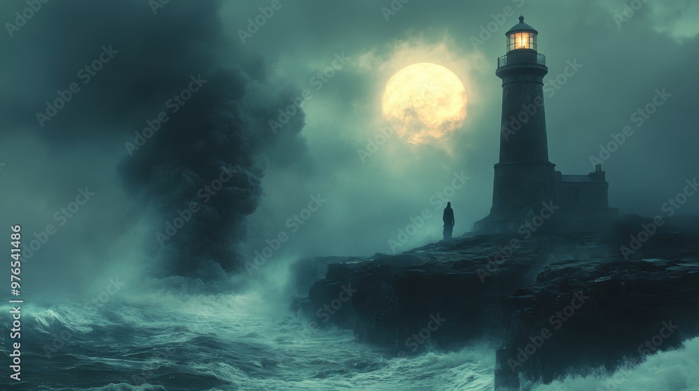 Ghostly Figure at Haunted Lighthouse: Eerie Moonlit Scene on Cliff Edge Ghostly Figure at Haunted Lighthouse: Eerie Moonlit Scene on Cliff Edge