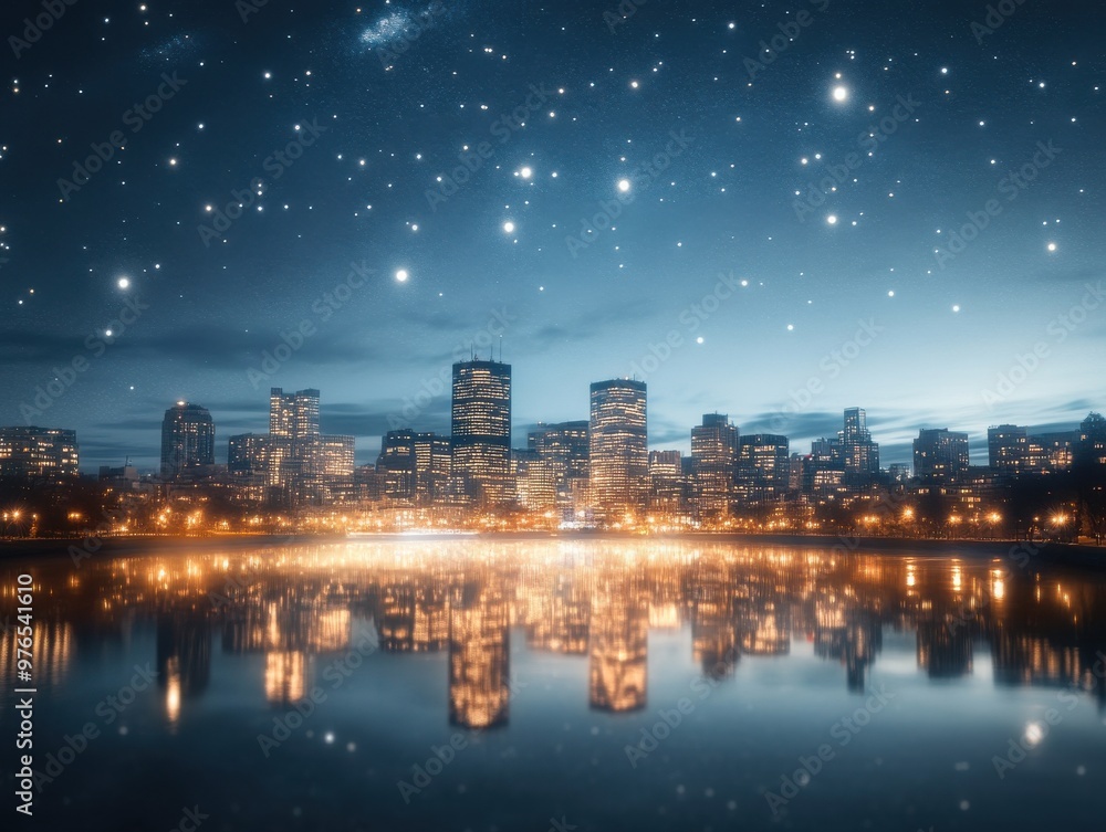 Fototapeta premium A serene city skyline reflecting on water under a starry night sky, showcasing vibrant lights and a tranquil atmosphere.