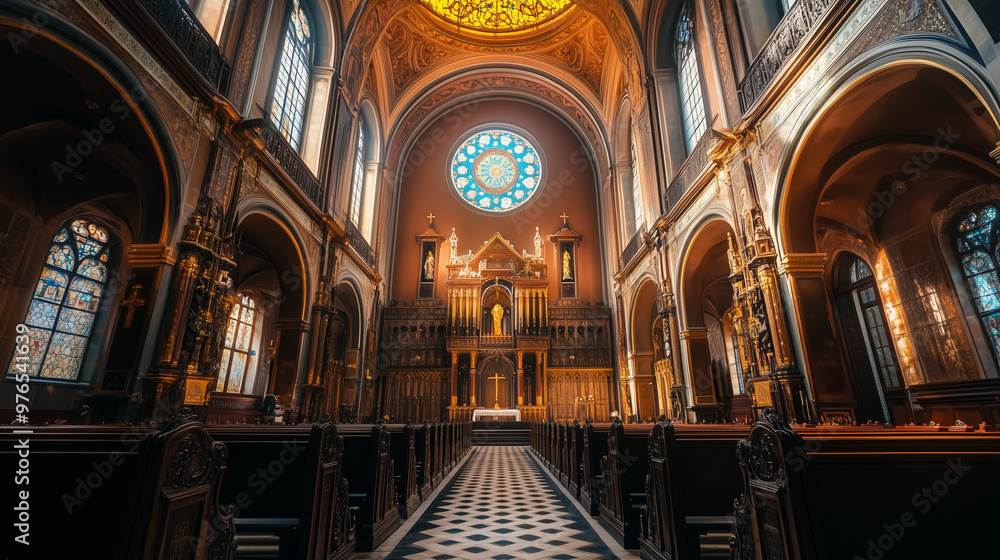 Fototapeta premium A stunning interior of a grand cathedral with ornate arches, stained glass windows, and intricate details, illuminated by warm, glowing sunlight.