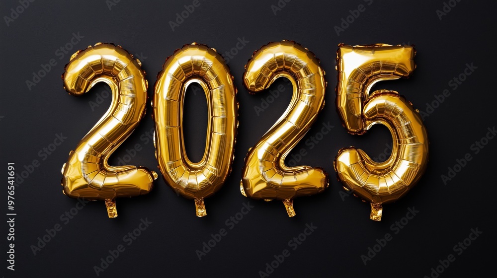 Golden balloons spelling out 2025 decorate a dark background for a festive celebration during New Year's Eve or a special event. Golden balloons spelling out 2025 decorate a dark background for a festive celebration during New Year's Eve or a special event.