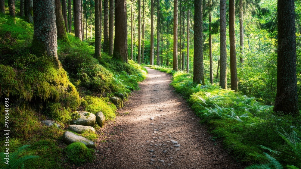 A serene forest path surrounded by lush greenery and tall trees, inviting peaceful walks and nature exploration. A serene forest path surrounded by lush greenery and tall trees, inviting peaceful walks and nature exploration.