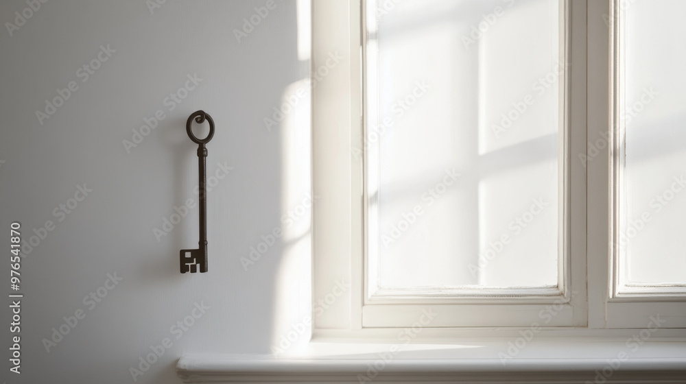 Elegant white key mounted on a wall overlooking a soft-toned modern apartment with stairway and light flooding through the window Elegant white key mounted on a wall overlooking a soft-toned modern apartment with stairway and light flooding through the window
